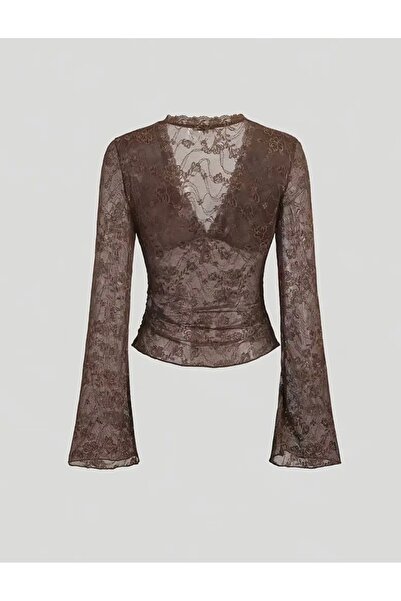 Belle Bellegance kahverengi romantik dantel bluz