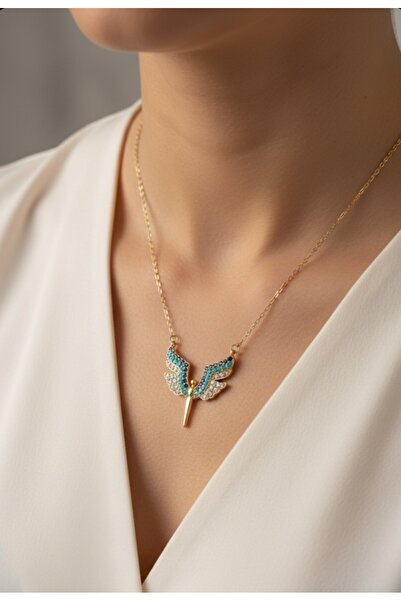 stainless steell gold renk mavi zirkon taşlı melek model 316L çelik kolye