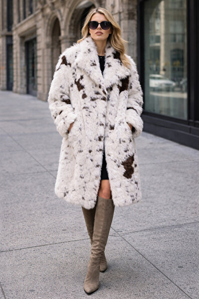 günay boutıque White Brown Patterned Oversized Artificial Fur Coat