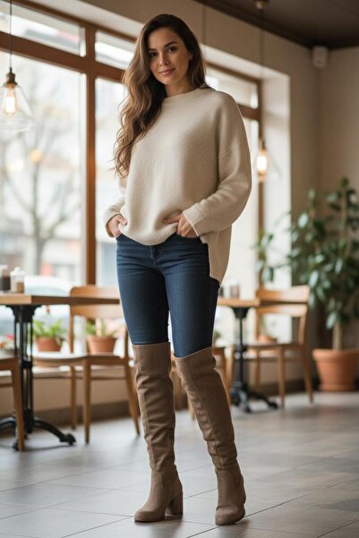 BAYRAMOĞLU KUNDURA SÜET KALIN TOPUKLU RAHAT UZUN KADIN ÇİZME