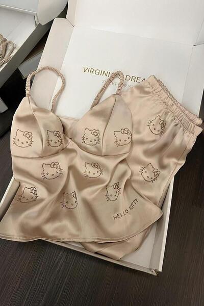 Karakedi Σετ πιτζάμες με σορτς Y2K με λουράκια Hello Kitty σε μπεζ χρώμα