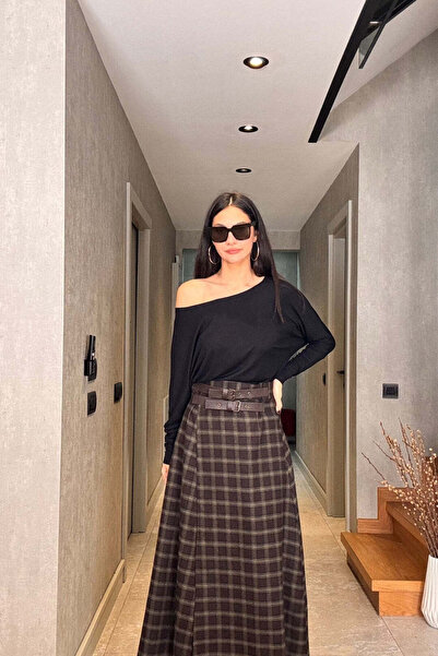 FABB Haki Ekose Yırtmaçlı Etek