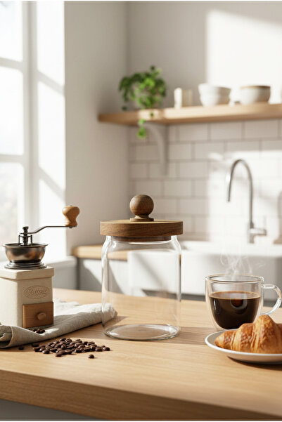 FH finehome Dengi Acacia Glass Jar with Ball Top 9X12Cm