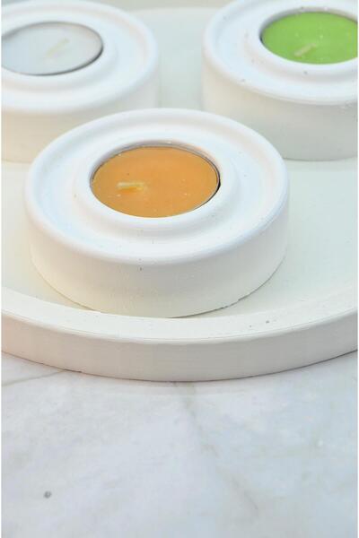 Mum ve Parafin Taş Tozu 3’lü Tealight Mumluk Seti – Dekoratif Yuvarlak Tabakl...