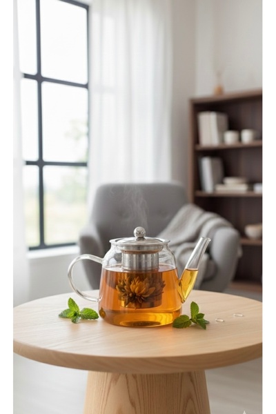 PEGA HOME Cam Isıya Dayanıklı Bitki Çayı & Çay Demliği (Çelik Süzgeç) 1000ml