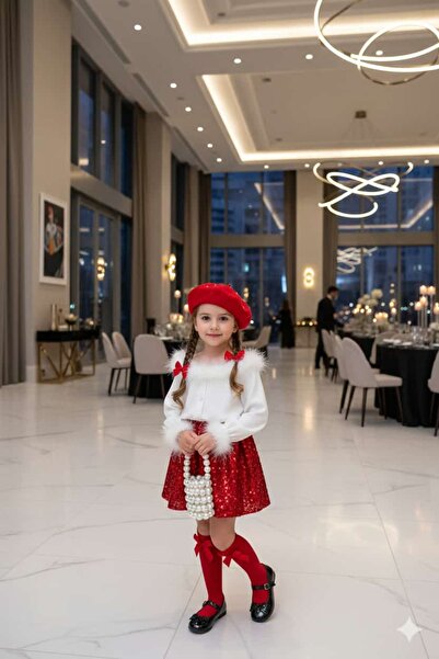 Bisahane Girl's 5-Piece Set with Tugged Shirt, Stone Hat, Pearl Bag and Skirt