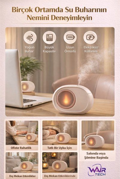 Wair Teknoloji Led Flame Effect Desktop Air Humidifier 400 Ml, with Night Light, USB