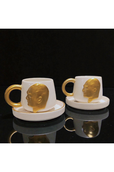 Boni Bon Collection Design Ataturk Special Series 3D Embossed Gilded 4 Piece Handmade Ceramic Cup Set