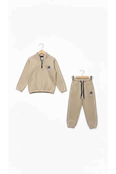 Liloa Erkek Çocuk Bej Dik Yaka Yarım Fermuar Yumuşacık Mevsimlik Üçlü Eşofman...