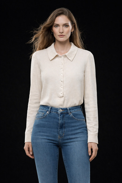 studio fashion 1988 Women's Ecru Polo Neck Soft Textured Buttoned Knit Sweater