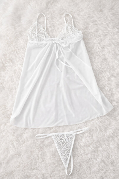 Liora De Mar Kadın Beyaz Dantelli Tül Babydoll Gecelik Takımı Tanga Hediyeli
