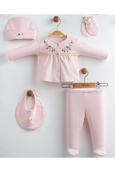 Eda Baby Sıralı Çiçekli 5'li Hastane Çıkış Seti %100 Pamuk Yenidoğan