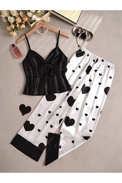 qp She Kadın Ayarlanabilir Askılı Baskılı Esnek Rahat Saten Pijama Takımı