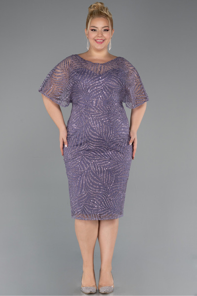 Abiyefon Lavanta Kısa Kol Simli Midi Büyük Beden Abiye ABK2372