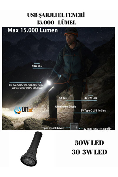 FLYONLOOK USB Şarjlı Güçlü El Feneri 50W LED 15000 Lümen Tripod Uyumlu Profes...