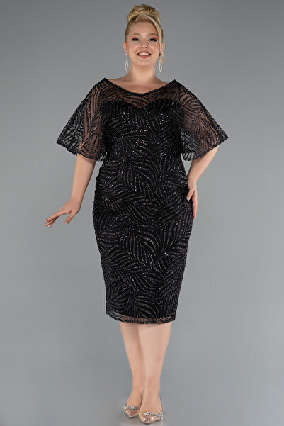 Abiyefon Siyah Kısa Kol V Yaka Simli Midi Büyük Beden Abiye ABK2372