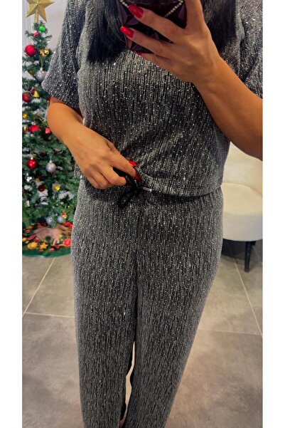 sinemtoprakbutik Gri vatkalı taş detaylı parıltılı kısakol bluz