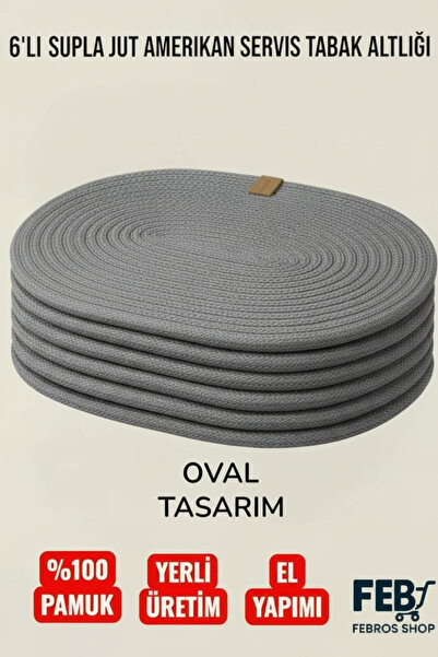 Febros 6'lı Oval Jut Supla Amerikan Servis Takımı – %100 Pamuk, El Yapımı, Kaymaz Yuvarlak Tabak Altlığı