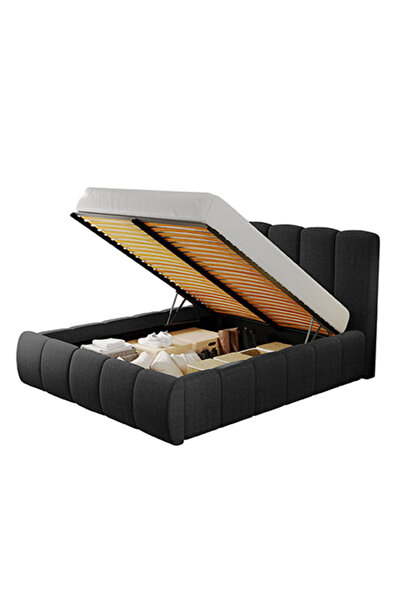 Conforto.ro Pat dublu tapitat Nuvole, cadru lemn si pal, negru, cu somiera rabatabila si lada depozitare