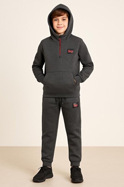 Mcrkids Unisex με κουκούλα φερμουάρ 3 Thread Ş επένδυση fleece χοντρό χειμερινό σετ φόρμας με κεντημένο σήμα και τσέπες καγκουρό