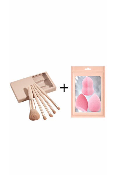 de Set Machiaj Profesional 8 Piese – 5 Pensule Rose Gold cu Casetă + 3 Bureței Makeup Blender