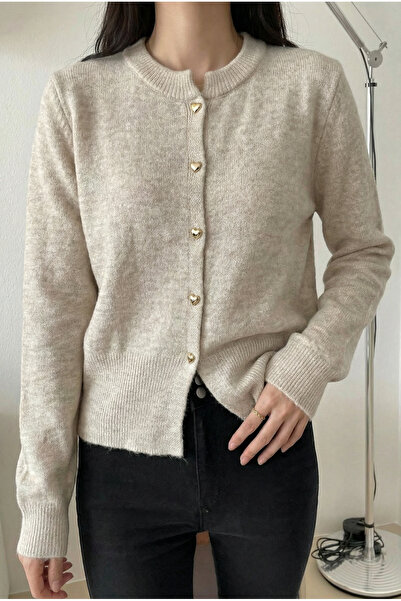 FEMELLE Women's Beige Heart Buttoned Standard Size Knitwear Cardigan (Product Length 54 cm)