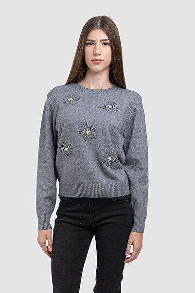 EW Pulover gri tricotat pentru femei cu ornamente florale