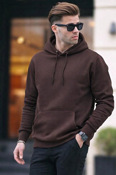 DAMGA JEANS Men's Casual Kangaroo Pocket Loose Fit Brown Sweatshirt