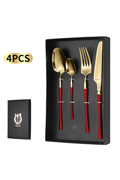 Partenya Kırmızı Renk Premium Paslanmaz Çelik 4 Parça Çatal Kaşık Bıçak Takım...