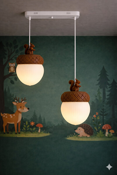 Rekatech İkili Meşe Palamudu Tasarım Sevimli Sincap Figürlü Çocuk Odası Avize...