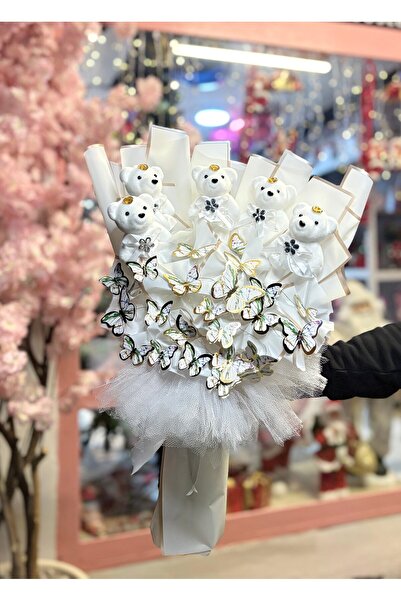 Rosea Çiçekevi Beyaz Kelebek Ayıcık Buket Sevgiliye Flörte Hediye Doğum, Sevg...