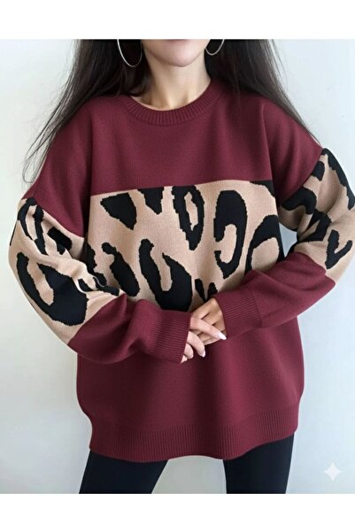 moda paketi Oversize Leopard Pattern Striped Knitwear Women's Sweater