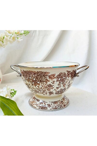 EBRULİEMAYE 22 cm Vintage Krem kuş dekor emaye süzgeç meyvelik kevgir