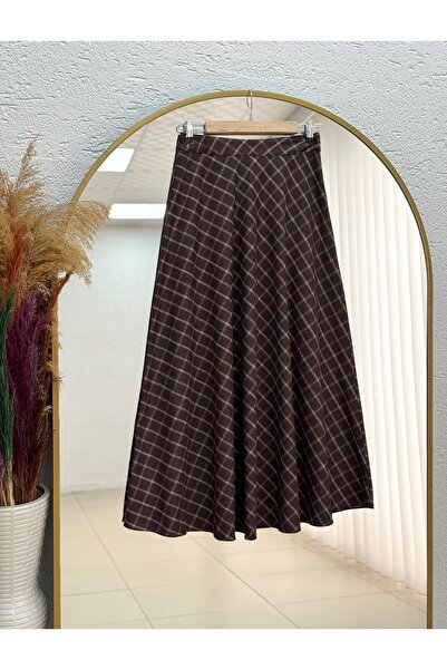 MİHRA STORE Eyşan Ekose Yün Etek-SA4150 Kahve