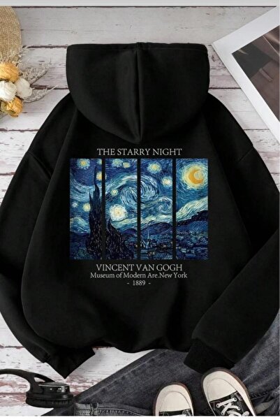 CAST COLLECTİON سترة نسائية سوداء من فان جوخ مطبوع بغطاء رأس