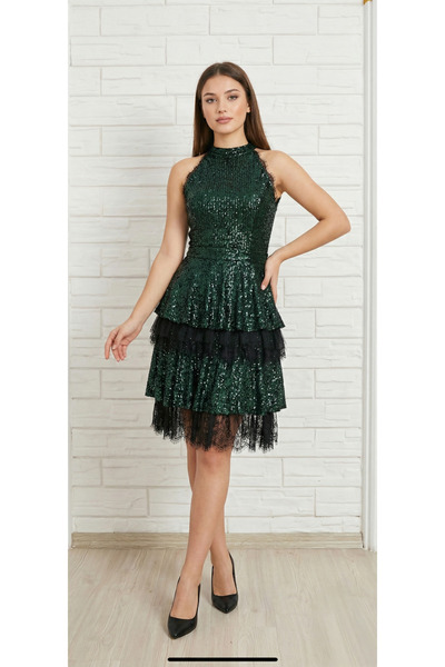 MİLLA MissMilla Kadın Zümrüt Yeşili Pullu Payetli Dantel Detaylı Katlı Mini E...