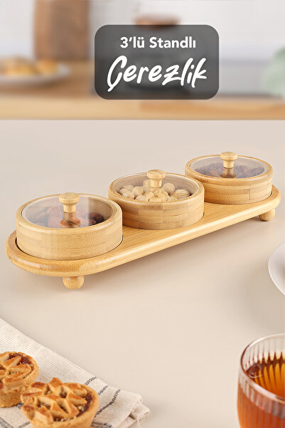 Meleni Home 3'lü Standlı Bambu Çerezlik - Kapaklı Kahve Yanı Sunumluk Bambu Kase Kahvaltılık Sunum Kasesi