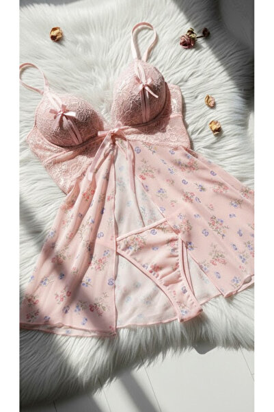 Nightlight Çeyizlik Çiçek Desenli Tül Gecelik Ve Slip Takım - Pembe Dantelli Babydoll - 3664