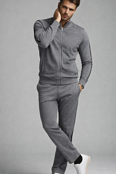 COMBİNE MİCHAİL Men's Zippered Elastic Smoked Tracksuit Set