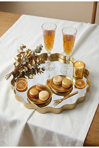 Yavuzhan Metal Gold Çerçeveli Aynalı Dekoratif Söz,Nişan, Sunum Tepsisi (35cm)