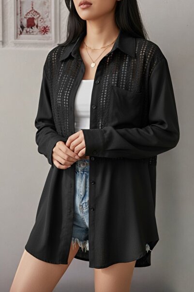 NEWCO قميص أساسي طويل بأزرار وتفاصيل مخرمة