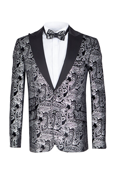 OSCAR BANKS Premium Gümüş Desenli Jakarlı Kadife Ceket - Özel Tasarım Papyon ...