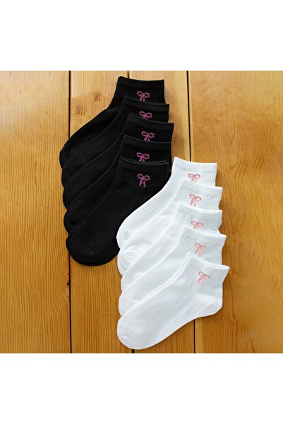 çorapmanya 5 Çift Siyah Beyaz Kurdele Desenli Yarım Konç Kadın Çorap