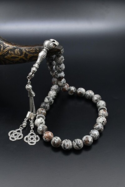 Prestige Natural Larvikite (Larvakite) Stone 33 Beads Prayer Beads with Metal Tassel 10mm Sphere Cut 902514