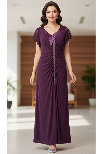 STYLENEST فستان سهرة طويل بأكمام من قماش بوزي وياقة من التول مع تفاصيل من الس...