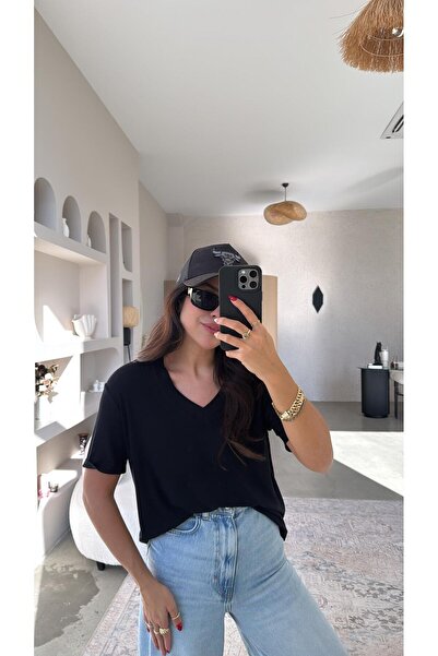 Buket Teke Tricou negru cu decolteu în V din țesătură importată cu mânecă scurtă B basic