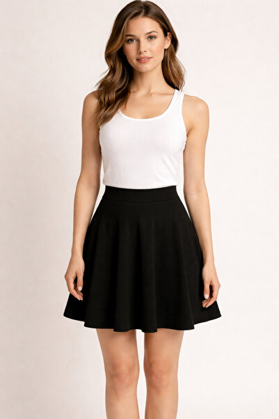 The Fabrics Studio Siyah Kadın Dalgıç Kumaş Kloş Mini Etek