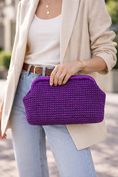 BY AKTEPE STORE El Yapımı Burslu Örgü Clutch Çanta – Parlak Metalik Kağıt İp,...