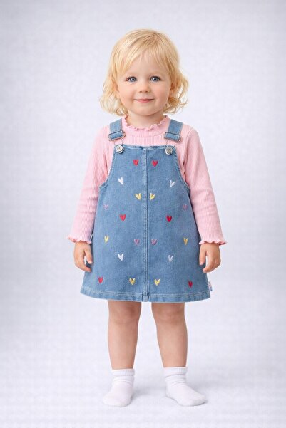 dinamik çocuk Kız Bebek Badili Küçük Kalp Nakışlı Salopet Jile 2li Takım Bayr...