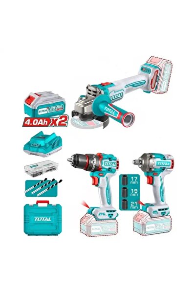 TOTAL Akülü Set 3'lü - Darbeli Matkap + Avuç Taşlama + Somun Sıkma + 2x4 Ah S...